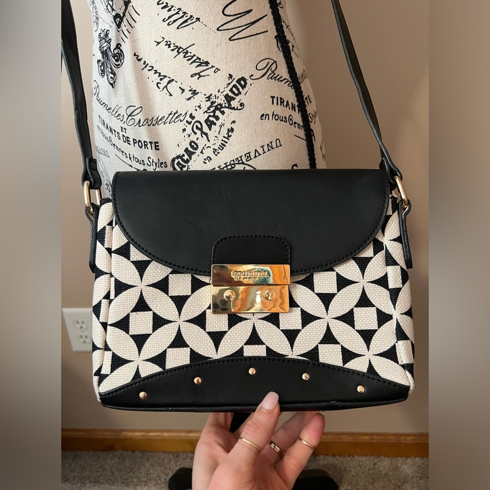 Spartina 449 black & white crossbody bag, mint green inside, leather& linen